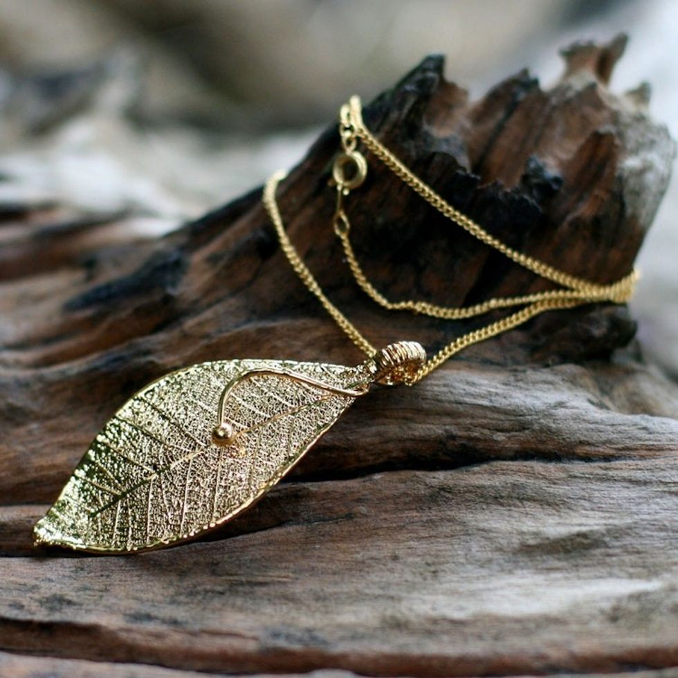 Gold Plated Leaf Pendant Necklace 'Forest Solo'