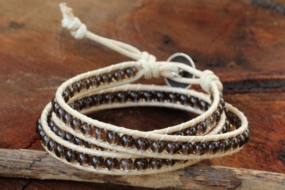 Thai Hand Knotted Smoky Quartz Wrap Bracelet 'Subtle Sigh'