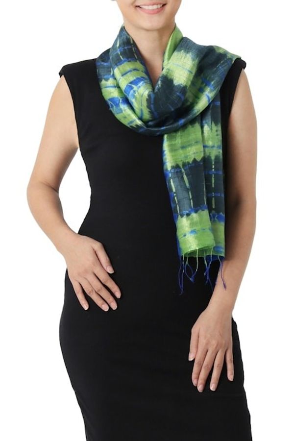 Alternate image for Unique Handcrafted Tie Dyed Silk Scarf Thai Meadow