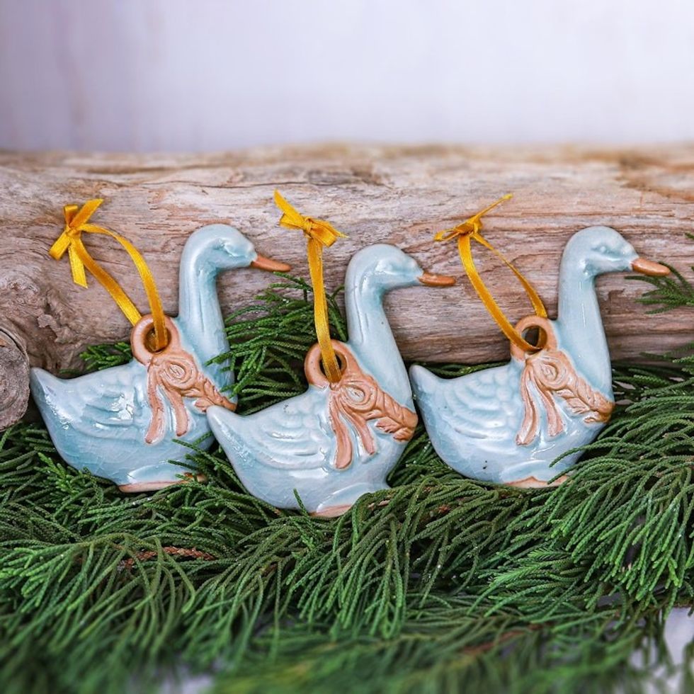Artisan Crafted Celadon Ceramic Ornaments set of 3 'Festive Blue Ducks'