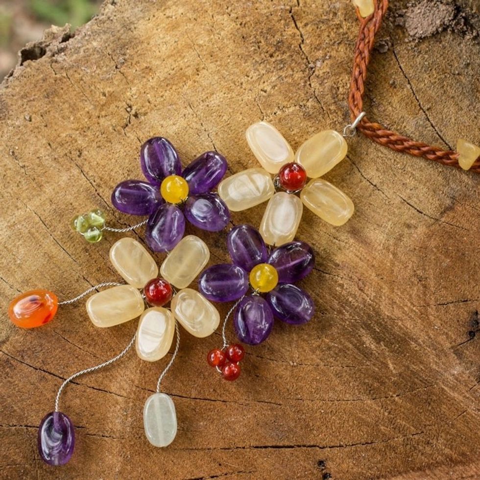 Artisan Crafted Multi-gemstone Flower Necklace 'Twilight Bouquet'