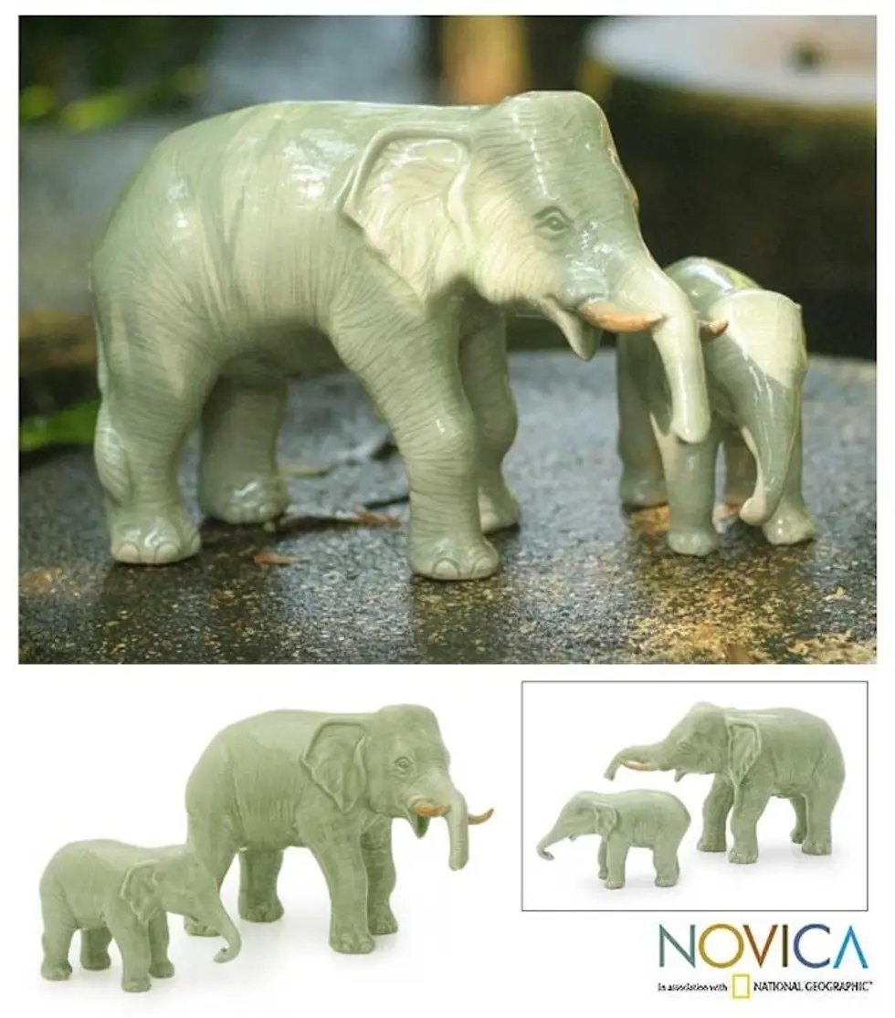 Celadon ceramic statuettes Pair 'Elephant Dad with Junior'