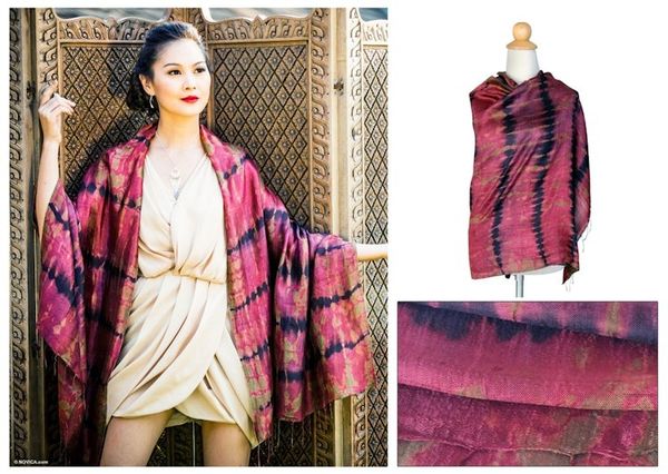 Alternate image for Unique Silk Shawl from Thailand Crimson Reflecting Pools