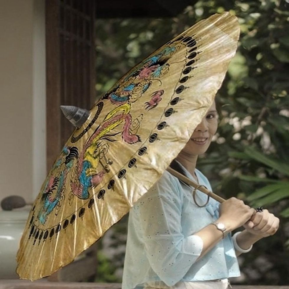 Hand Made Paper and Bamboo Parasol 'Dragons and Peacocks'