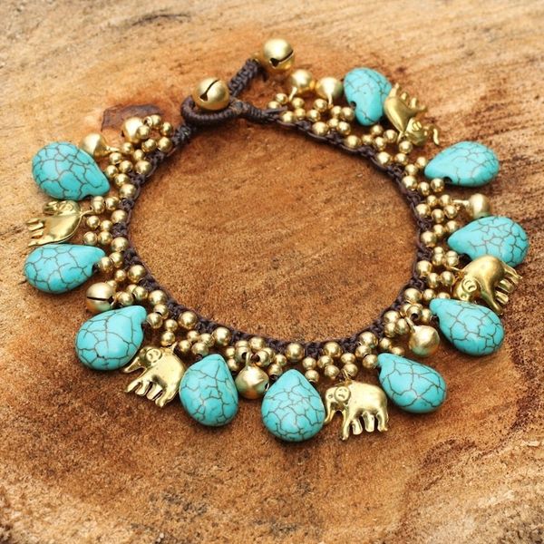 Alternate image for Brass Beaded Turquoise Colored Elephant Bracelet Siam Legacy