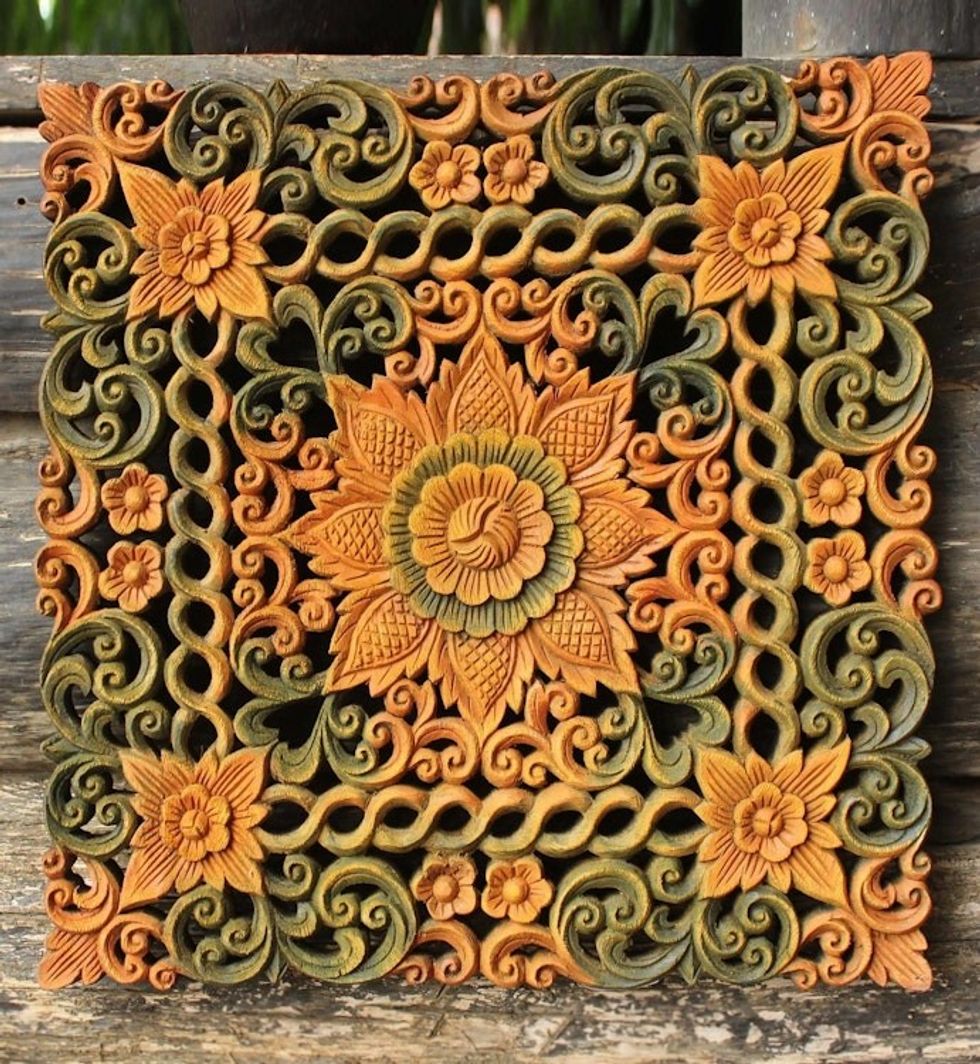 Teak relief panel 'Floral Arc'