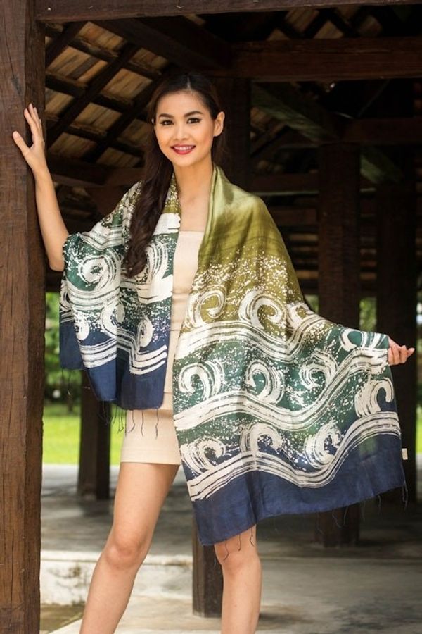 Alternate image for Silk Batik Shawl in Green and Blue from Thailand Ocean Cliff