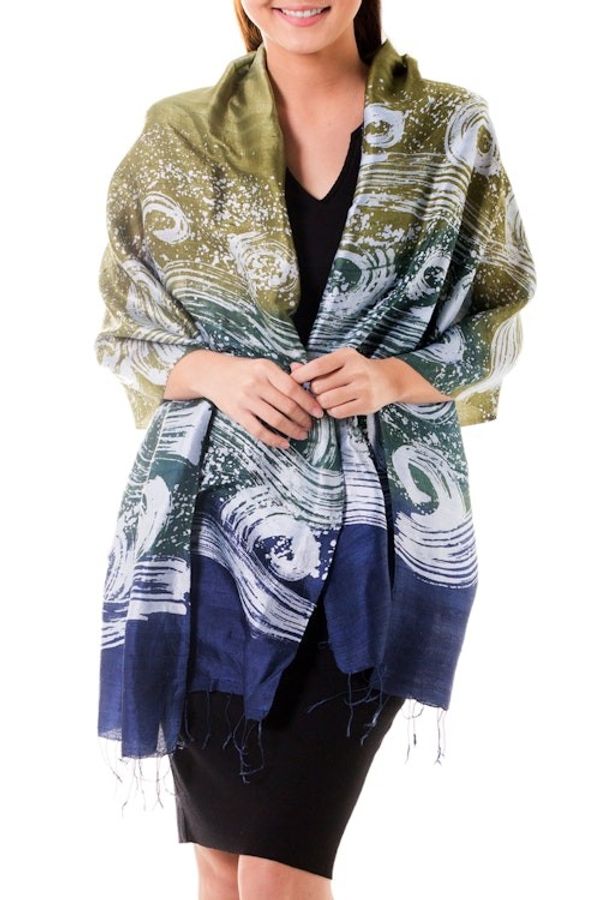 Alternate image for Silk Batik Shawl in Green and Blue from Thailand Ocean Cliff