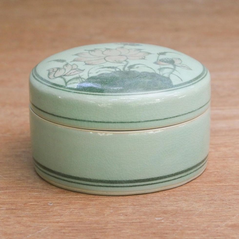 Fair Trade Celadon Ceramic Jewelry Box 'Tranquil Vision'