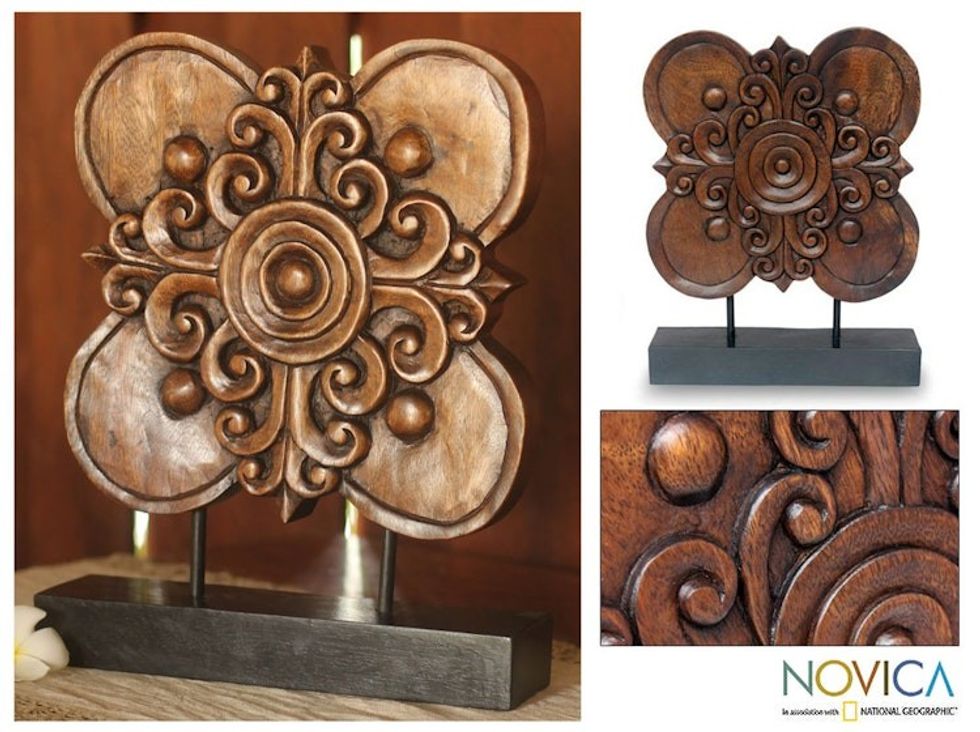 Hand Carved Floral Wood Sculpture 'Blossoming Shield'