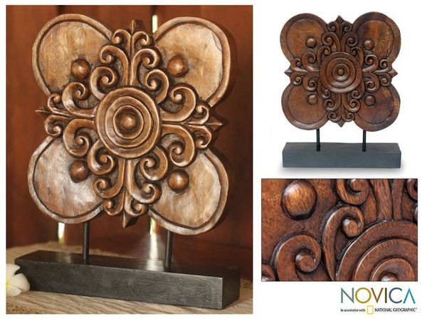 Alternate image for Hand Carved Floral Wood Sculpture Blossoming Shield