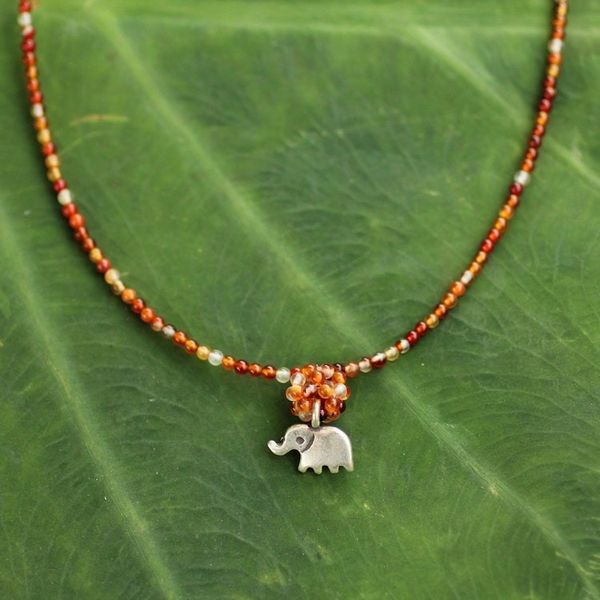 Alternate image for Hand Made Beaded Carnelian Necklace Elephantine Charm