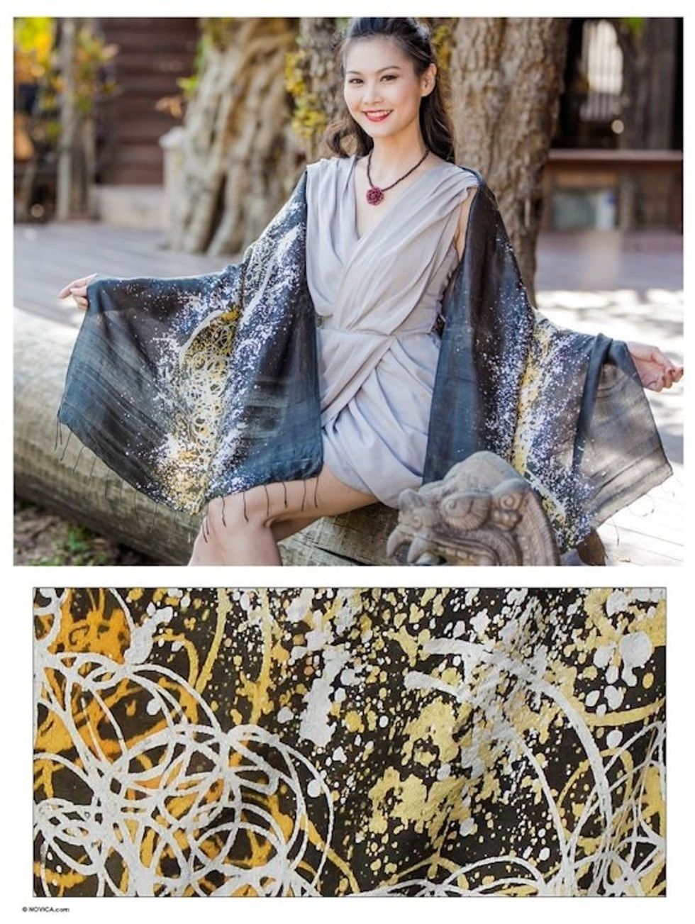 Silk batik shawl 'Fireworks on Black'