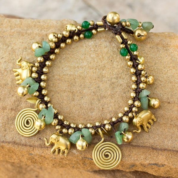 Alternate image for Hand Made Brass and Aventurine Elephant Charm Bracelet Splendor of Siam