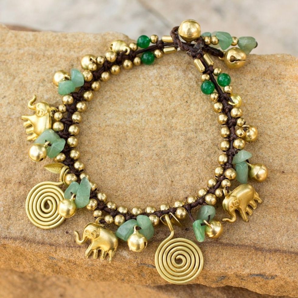 Hand Made Brass and Aventurine Elephant Charm Bracelet 'Splendor of Siam'