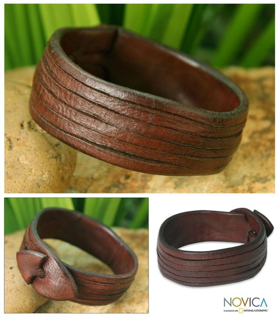 Brown Leather Wristband Bracelet 'Many Rivers'