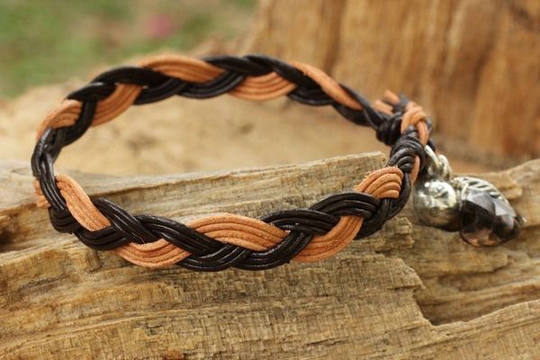 Alternate image for Braided Leather Smoky Quartz Bracelet with Hill Tribe Silver Joyous Nature