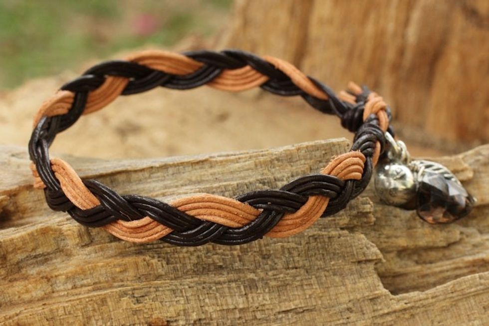Braided Leather Smoky Quartz Bracelet with Hill Tribe Silver 'Joyous Nature'
