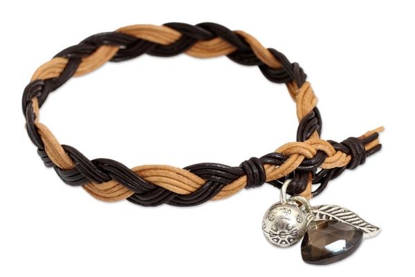 Alternate image for Braided Leather Smoky Quartz Bracelet with Hill Tribe Silver Joyous Nature