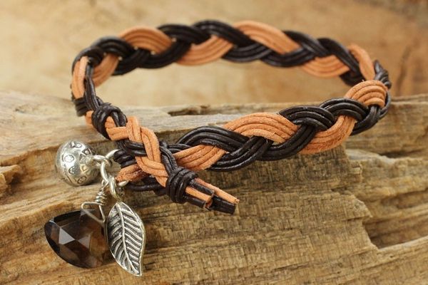 Alternate image for Braided Leather Smoky Quartz Bracelet with Hill Tribe Silver Joyous Nature