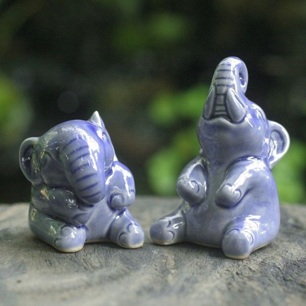 Alternate image for Hand Crafted Celadon Ceramic Sculptures Pair Happy Blue Elephants