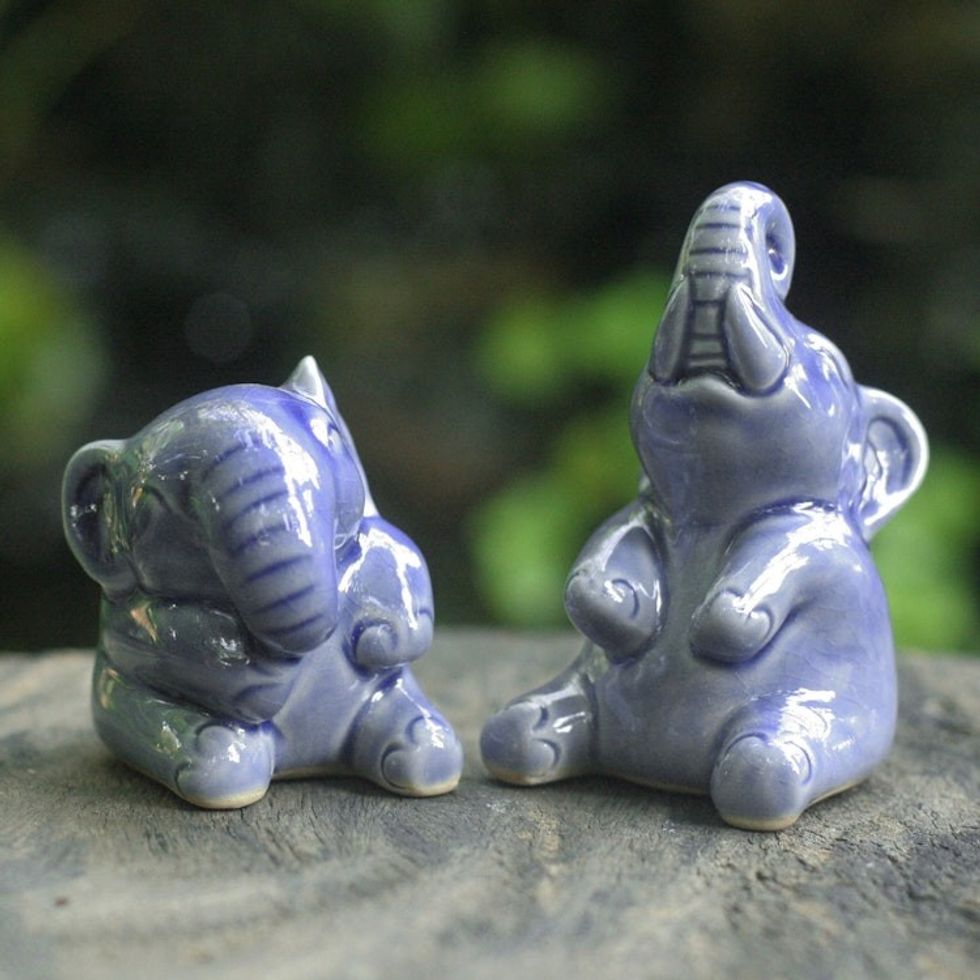 Hand Crafted Celadon Ceramic Sculptures Pair 'Happy Blue Elephants'