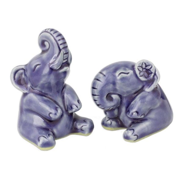 Alternate image for Hand Crafted Celadon Ceramic Sculptures Pair Happy Blue Elephants