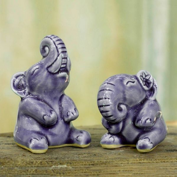 Alternate image for Hand Crafted Celadon Ceramic Sculptures Pair Happy Blue Elephants
