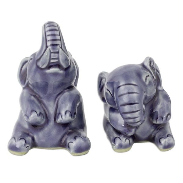 Alternate image for Hand Crafted Celadon Ceramic Sculptures Pair Happy Blue Elephants