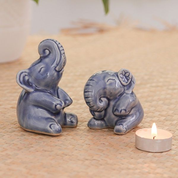 Alternate image for Hand Crafted Celadon Ceramic Sculptures Pair Happy Blue Elephants