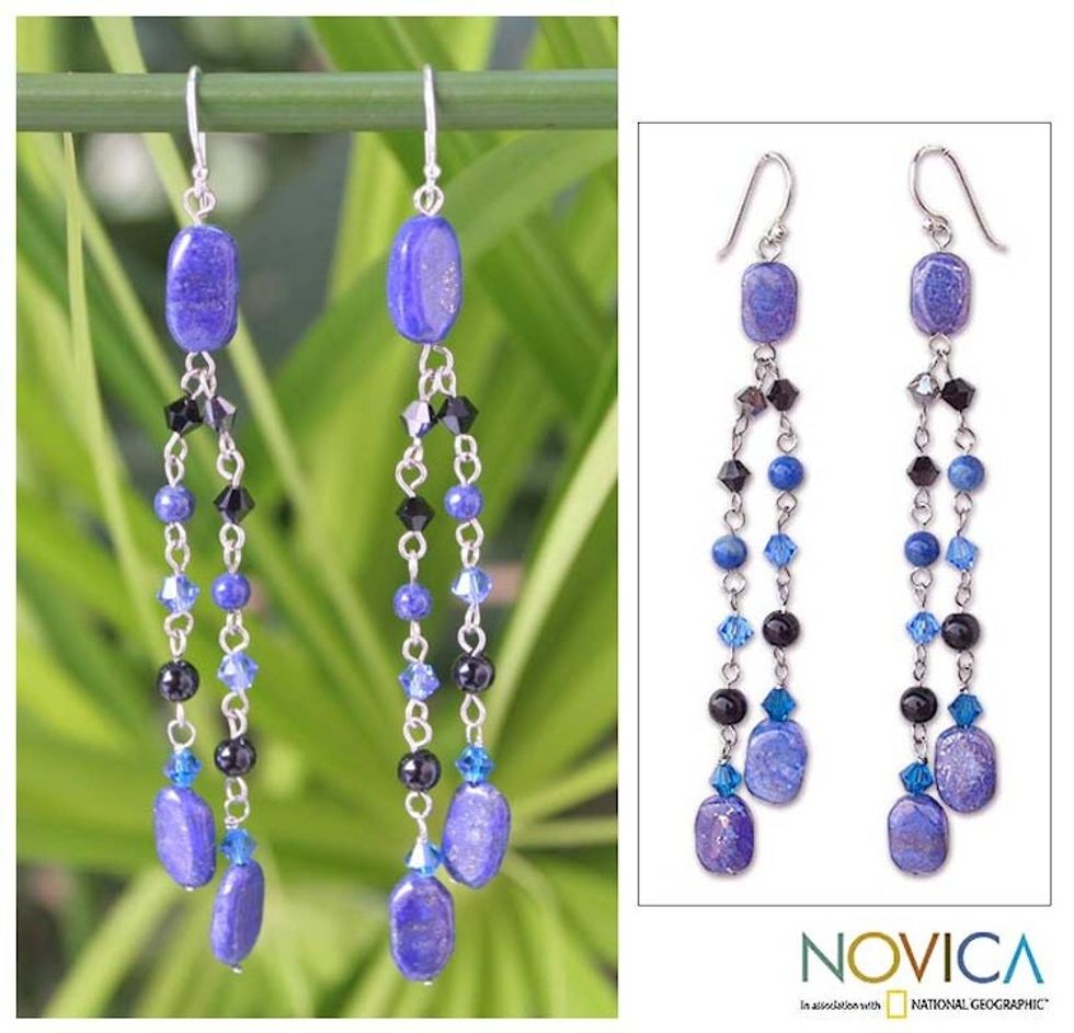Fair Trade Lapis Lazuli Dangle Earrings 'Blue Rain Shower'