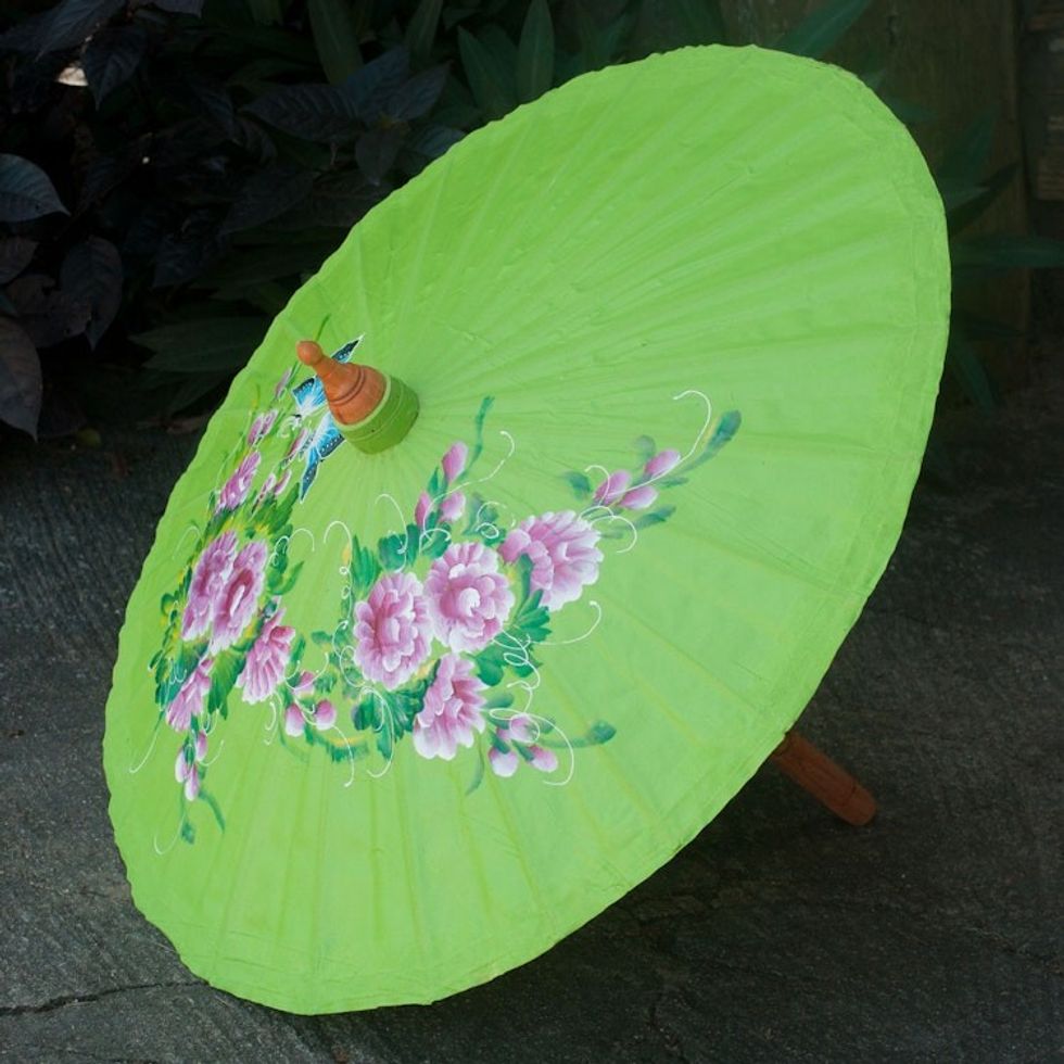 Hand-painted Cotton and Bamboo Parasol 'Blossoming Lanna in Lime'