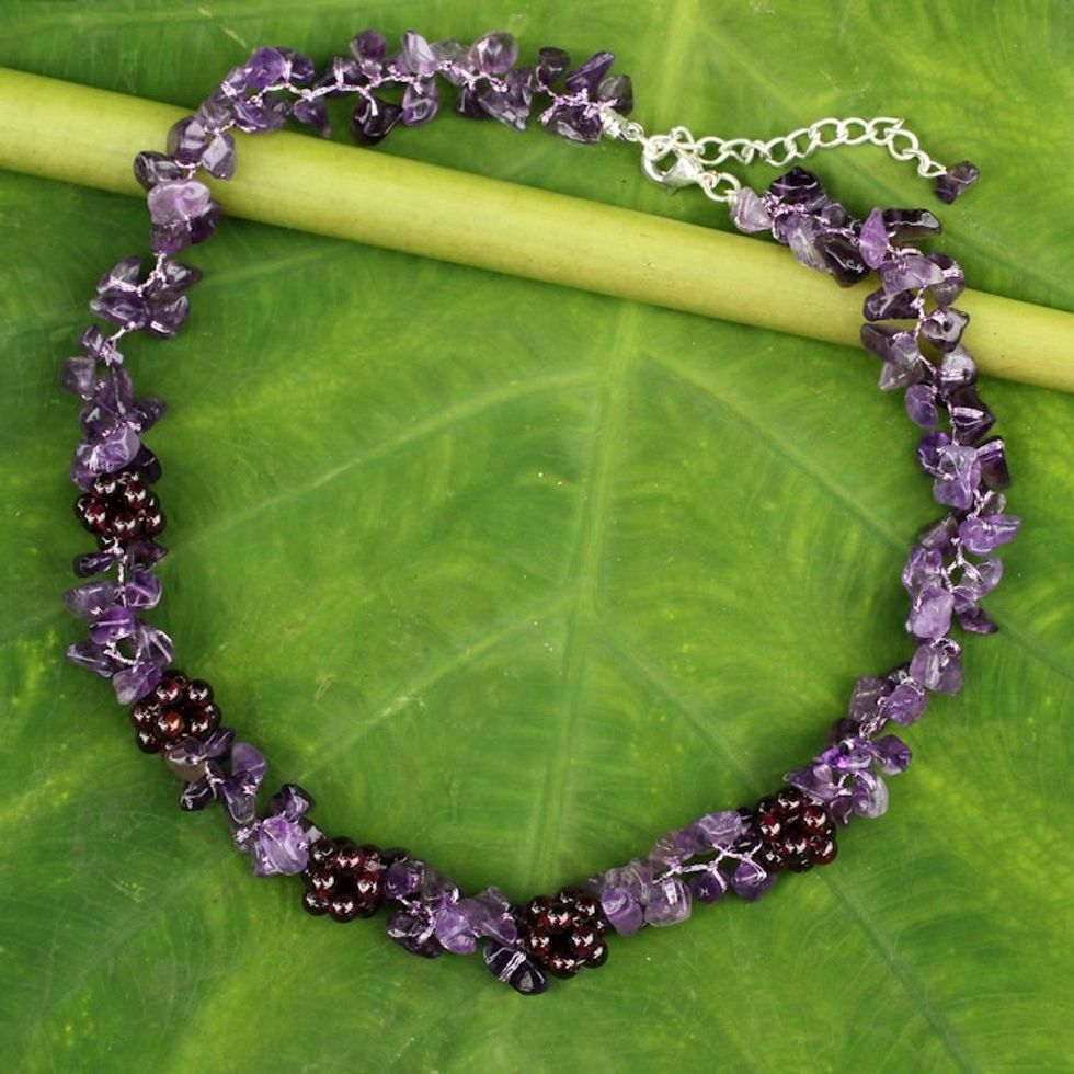 Thai Handmade Amethyst Necklace with Garnet Clusters 'Heaven's Gift'