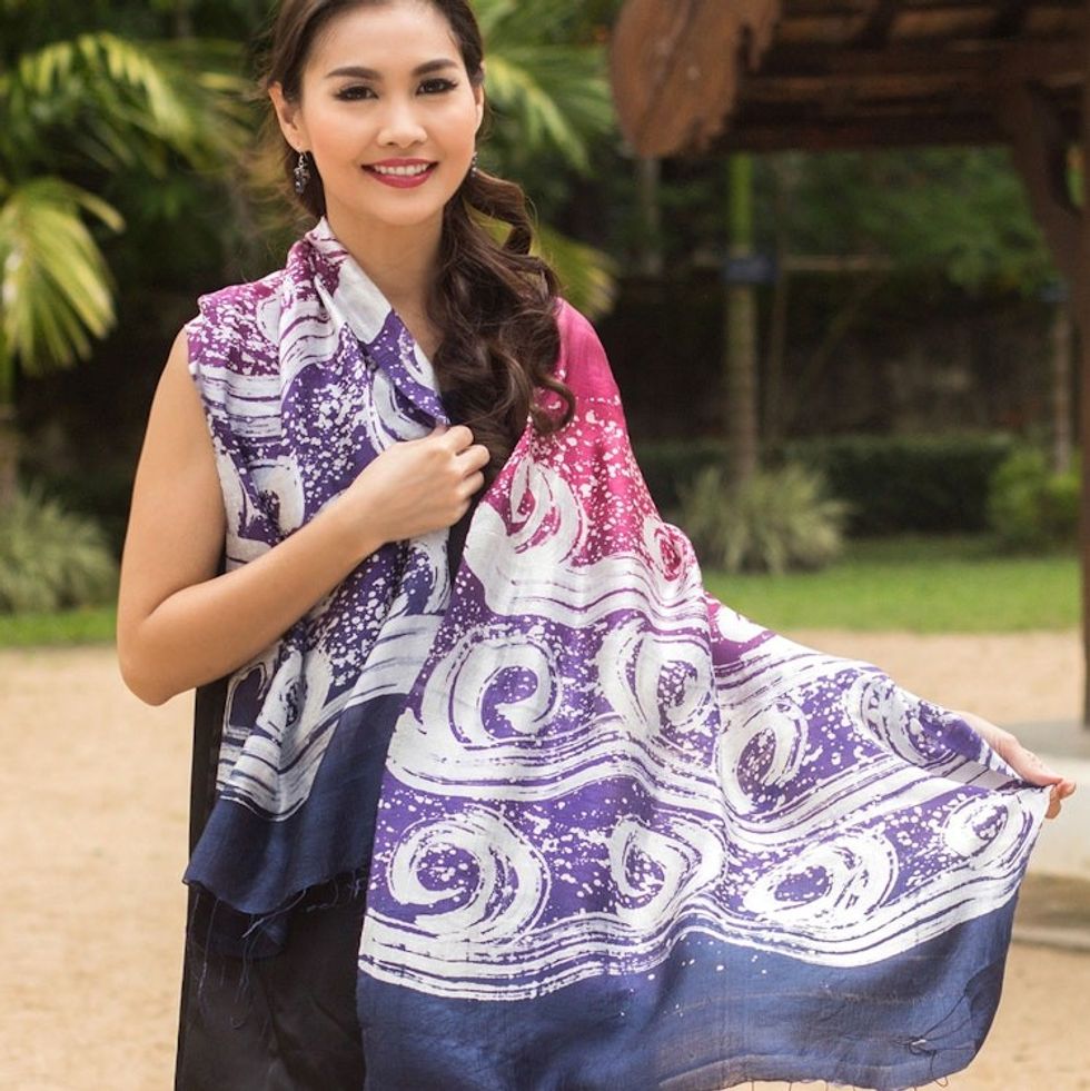 Hand Painted Silk Batik Shawl 'Ocean Hyacinth'