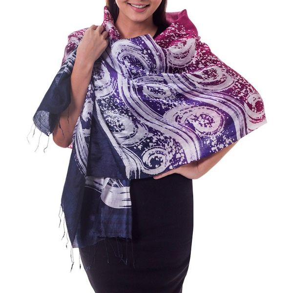 Alternate image for Hand Painted Silk Batik Shawl Ocean Hyacinth