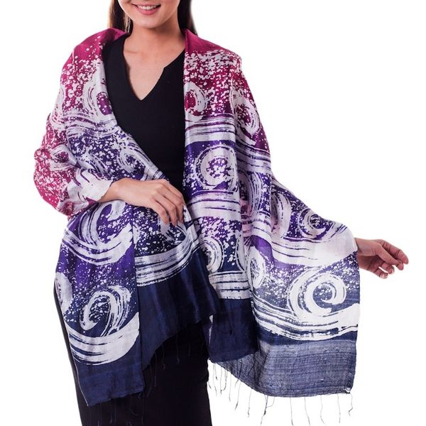 Alternate image for Hand Painted Silk Batik Shawl Ocean Hyacinth