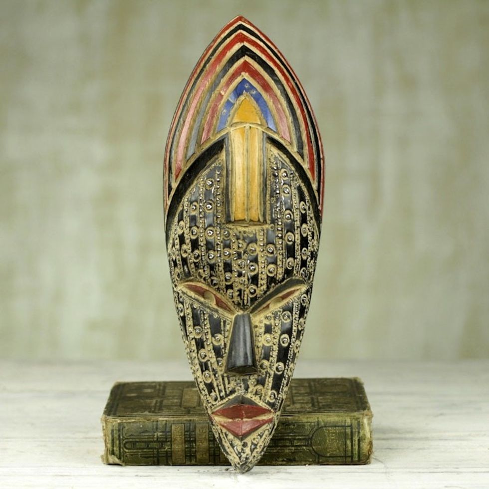 Hand Carved Multicolor Sese Wood Wall Mask from Ghana 'Crown of Joyfulness'
