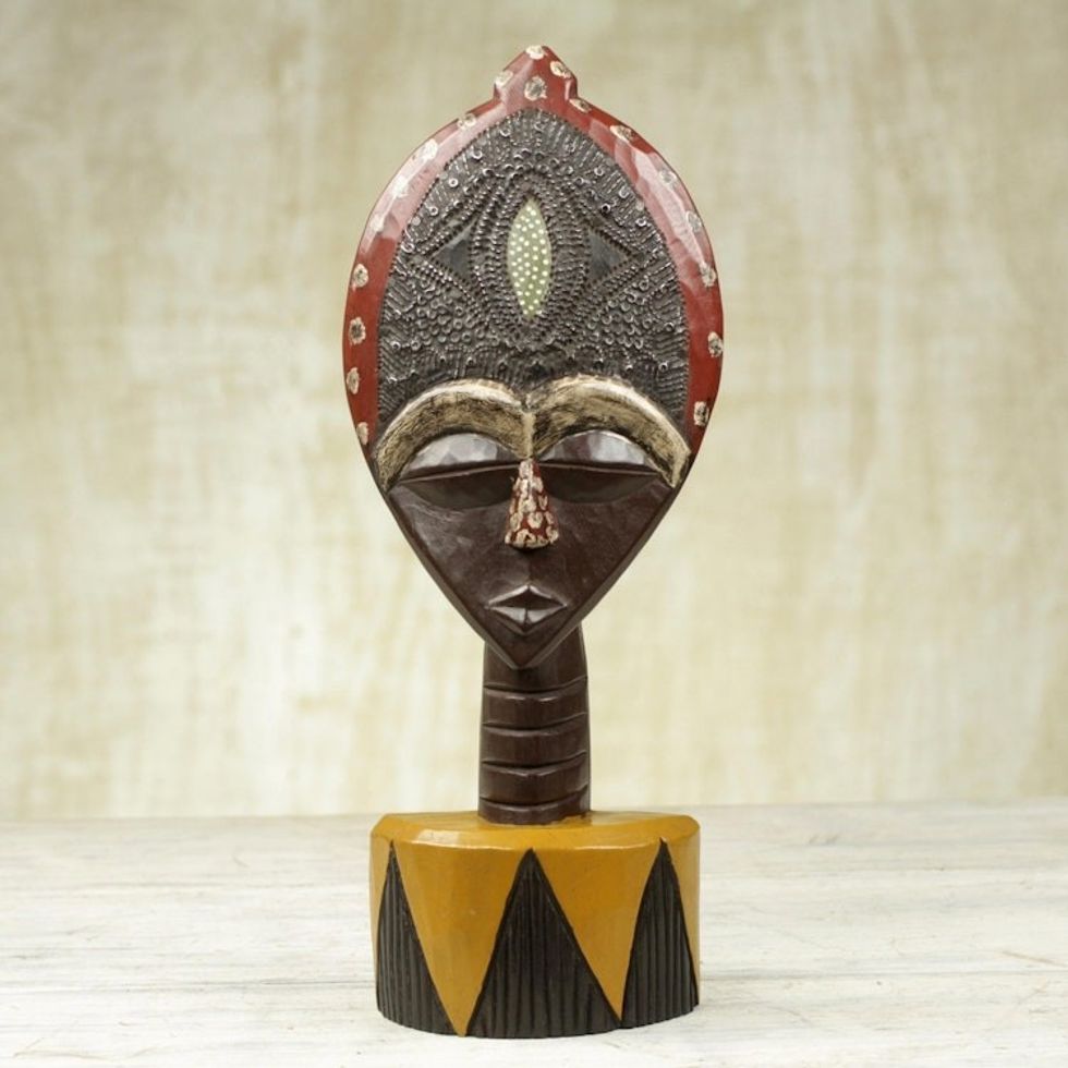 Ghanaian Sese Wood Mask Sculpture with Aluminum Plating 'Biakoye Mask'