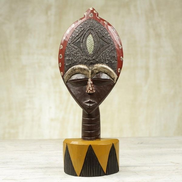Alternate image for Ghanaian Sese Wood Mask Sculpture with Aluminum Plating Biakoye Mask