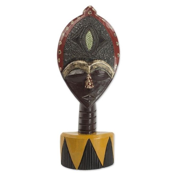 Alternate image for Ghanaian Sese Wood Mask Sculpture with Aluminum Plating Biakoye Mask