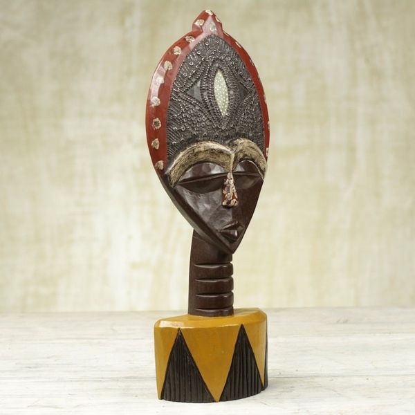 Alternate image for Ghanaian Sese Wood Mask Sculpture with Aluminum Plating Biakoye Mask