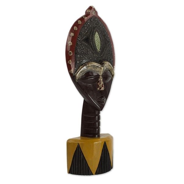 Alternate image for Ghanaian Sese Wood Mask Sculpture with Aluminum Plating Biakoye Mask