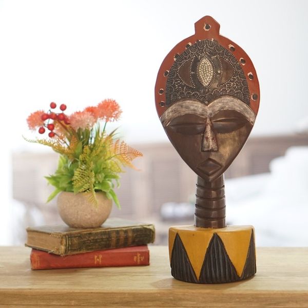 Alternate image for Ghanaian Sese Wood Mask Sculpture with Aluminum Plating Biakoye Mask