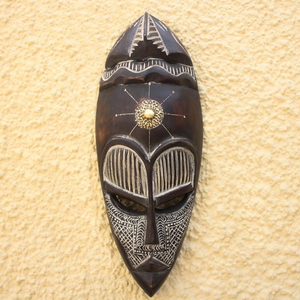 African Sese Wood Aluminum and Brass Wall Mask from Ghana 'Virtuous Asomdwee'
