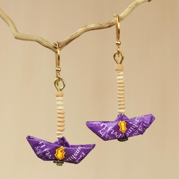 Alternate image for Sailboat Earrings Crafted by Hand with Recycled Paper Purple Boats