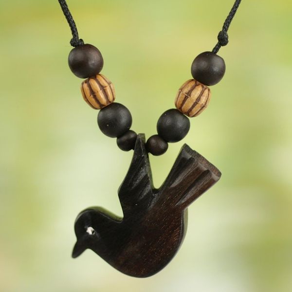 Alternate image for Peace Bird Artisan Crafted Wood Pendant Necklace from Ghana Victory Bird