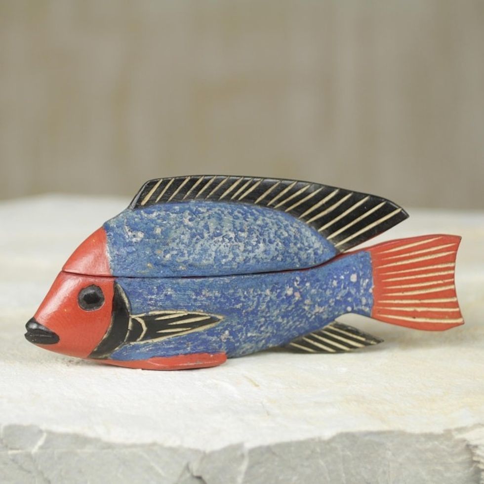 Ghana Artisan Crafted Fish Theme Decorative Wood Box 'Blue Ga Fish'