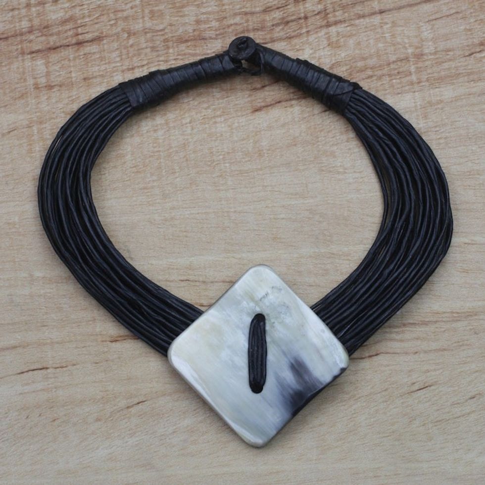 Diamond-Shaped Horn Pendant Black Leather Cord Necklace 'Pamga'