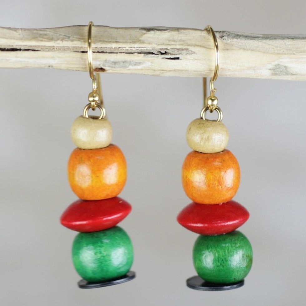 Orange Red and Green Sese Wood Candy Columns Dangle Earrings 'Candy Columns'