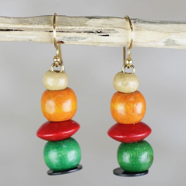 Alternate image for Orange Red and Green Sese Wood Candy Columns Dangle Earrings Candy Columns
